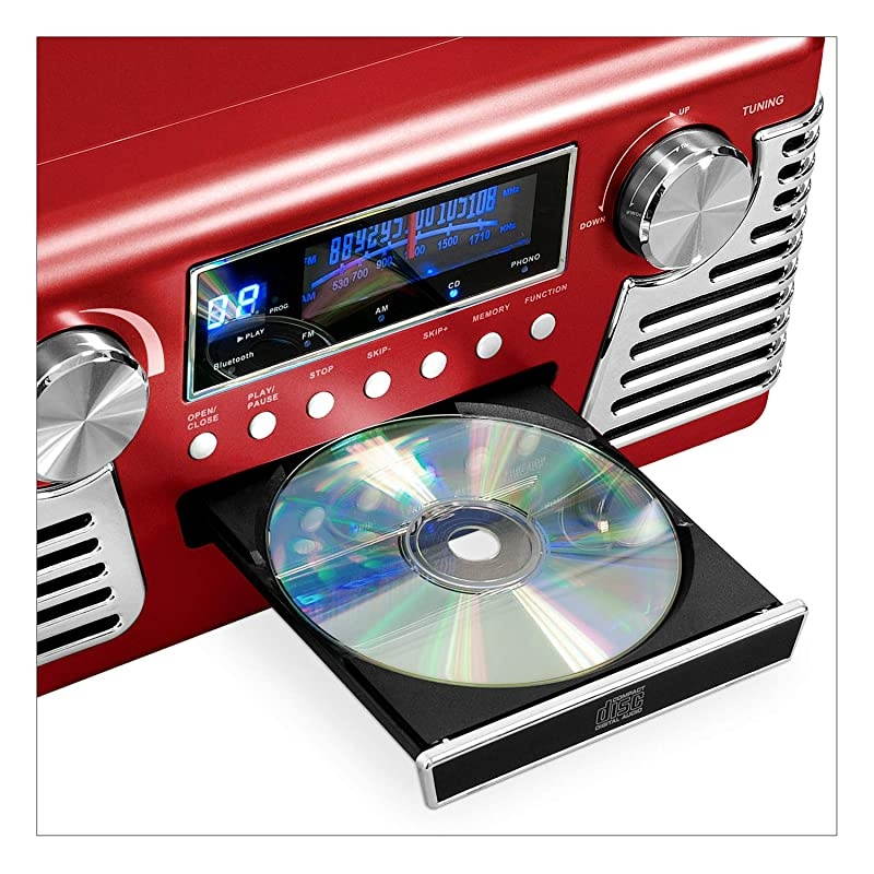 50s Retro Bluetooth Record Player Multimedia Center with Builtin Speakers 3Speed Turntable CD Player AMFM Radio | Vinyl to MP3 Recording | Wireless Music Streaming | Red