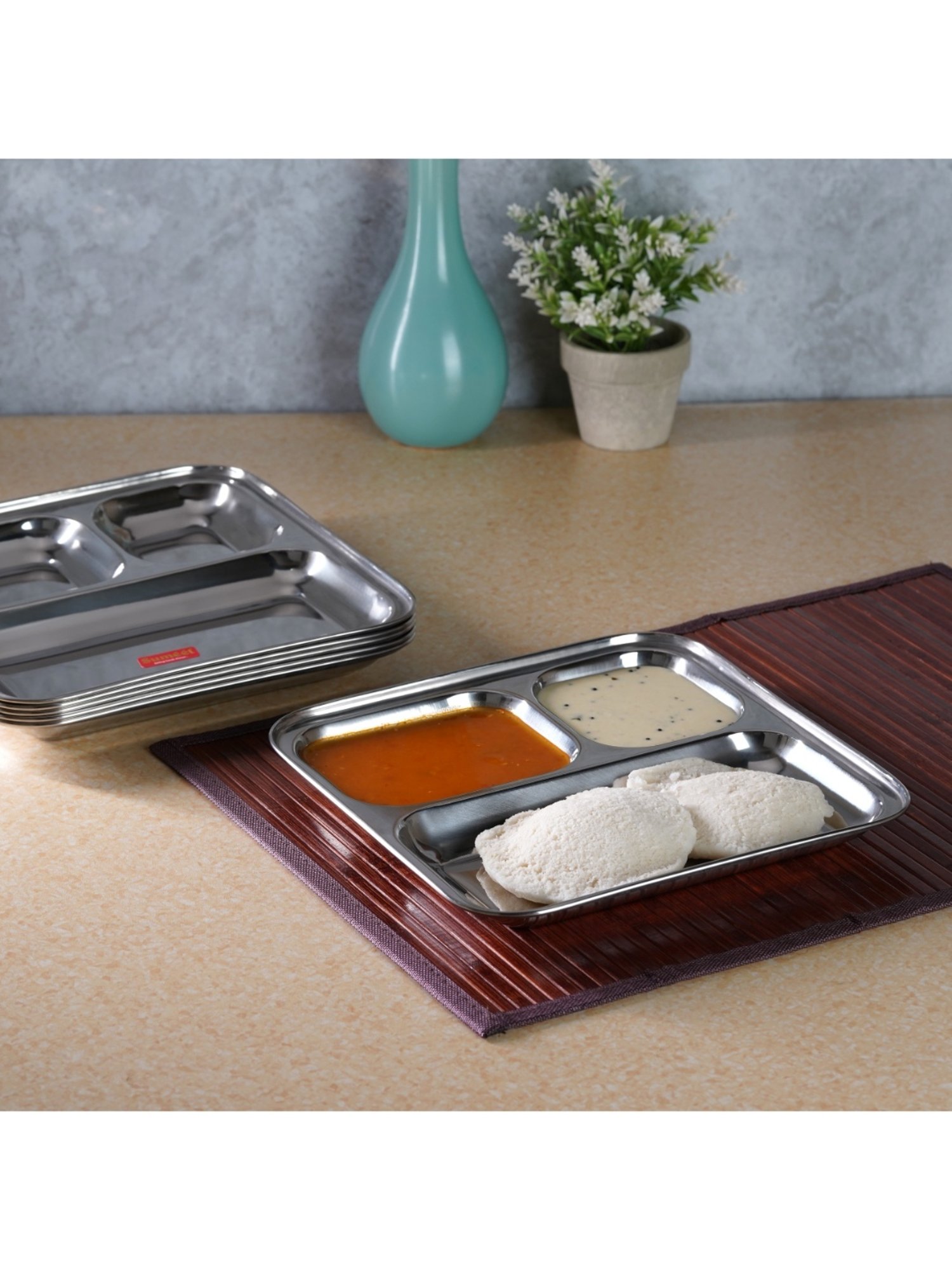 Sumeet S.S. 3 in 1 Idli Wada Compartment plate/Snack Plate/Breakfast Plate Set of 6Pcs, 21.7cm Dia,