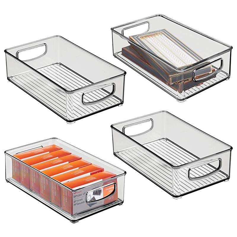 Stackable Plastic Home Office Storage Organizer Container with Handles for Cabinets, Drawers, Desks, Workspace - BPA Free - for Pencils, Highlighters, Notebooks - 6" Wide, 4 Pack - Smoke Gray