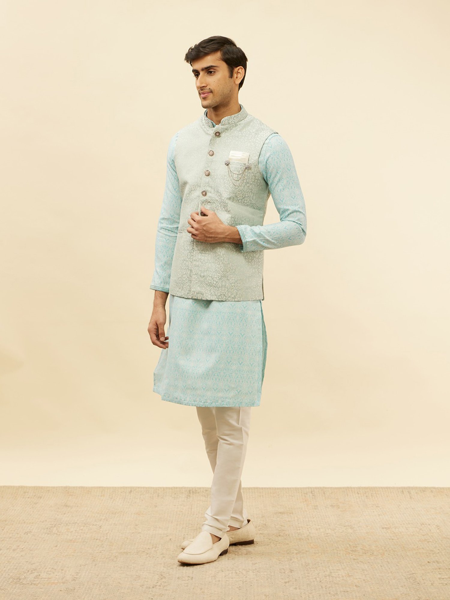Manyavar Light Blue Regular Fit Jacquard Nehru Jacket