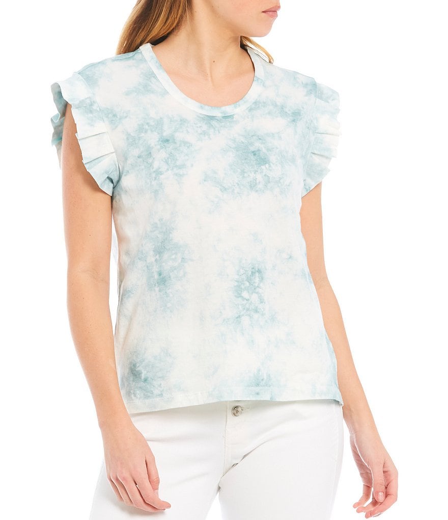 Ella Moss Helena Illusion Print Scoop Neck Pleated Cap Sleeves Tee