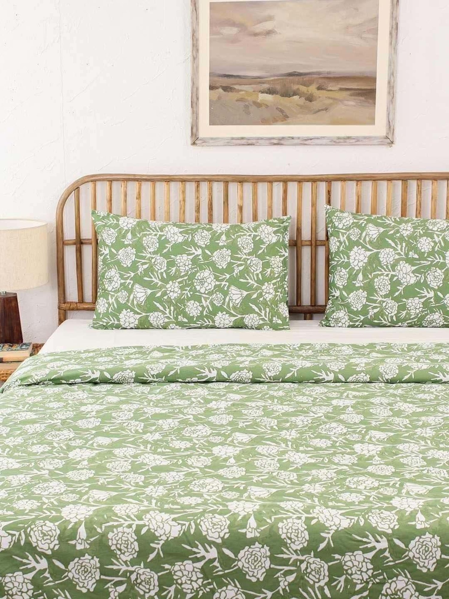 House This Genda Phool Green & White Cotton 144 TC Single Duvet Cover