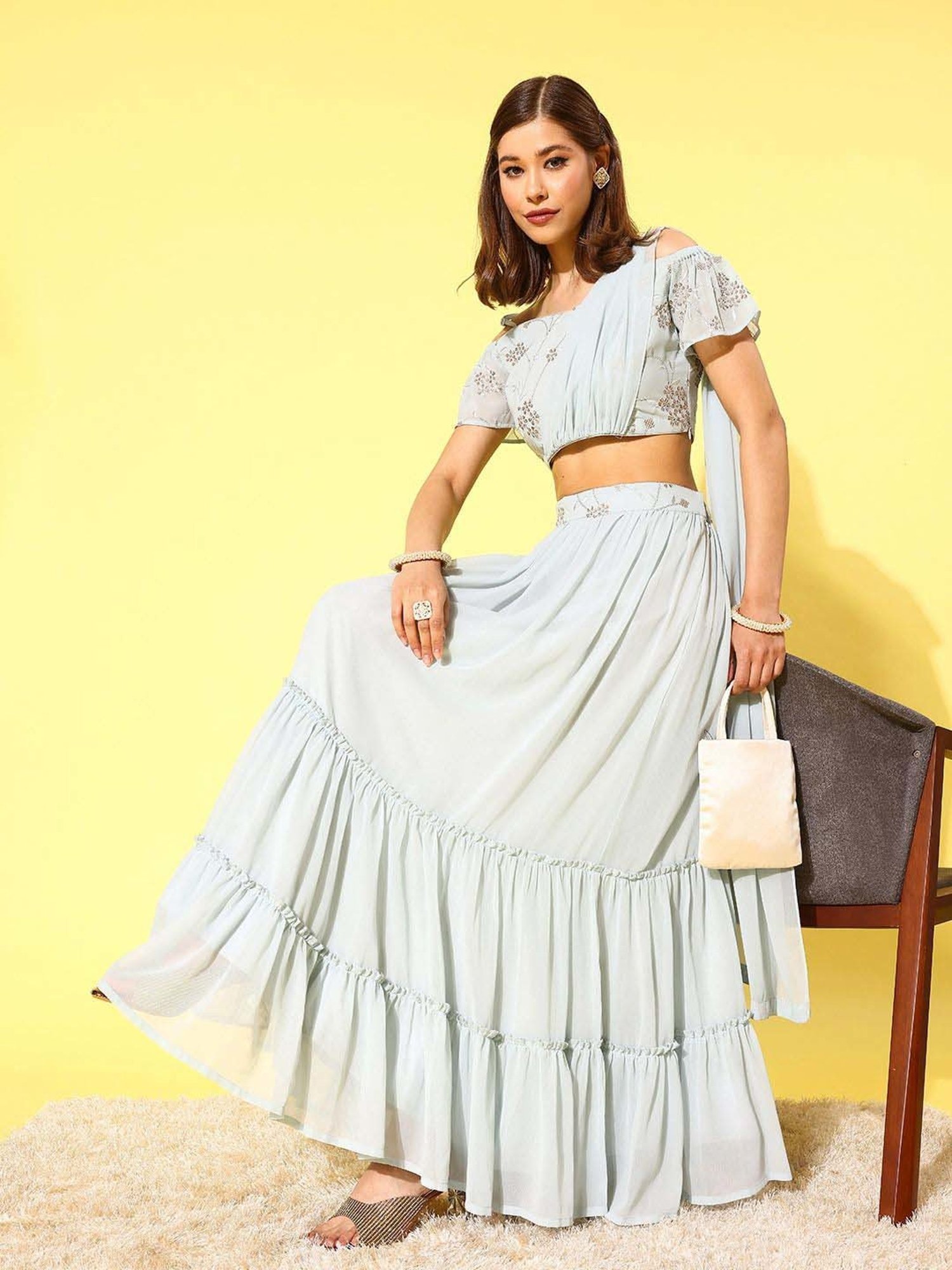 Libas Blue Embellished Lehenga & Choli Set With Attached Dupatta