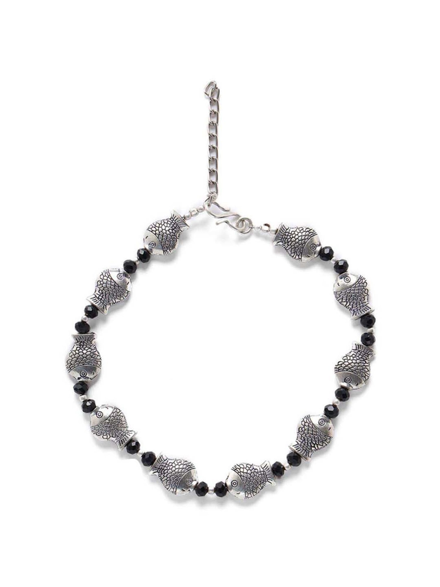 Aatmana Silver-Plated & Black Beaded Handcrafted Fish Anklets - Set of 2