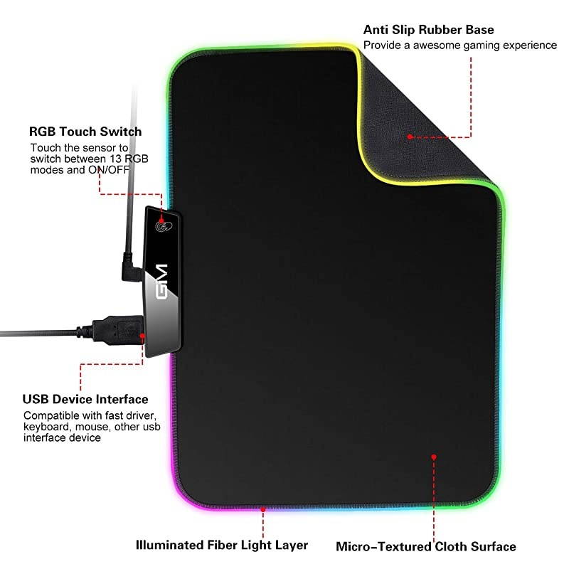 RGB LED Gaming Mouse Pad LED Mouse Pad Mad with 15 Lighting Modes NonSlip Rubber Base USB Computer Mousepad for GamerOffice and Home138 x 98 x 02 Inch