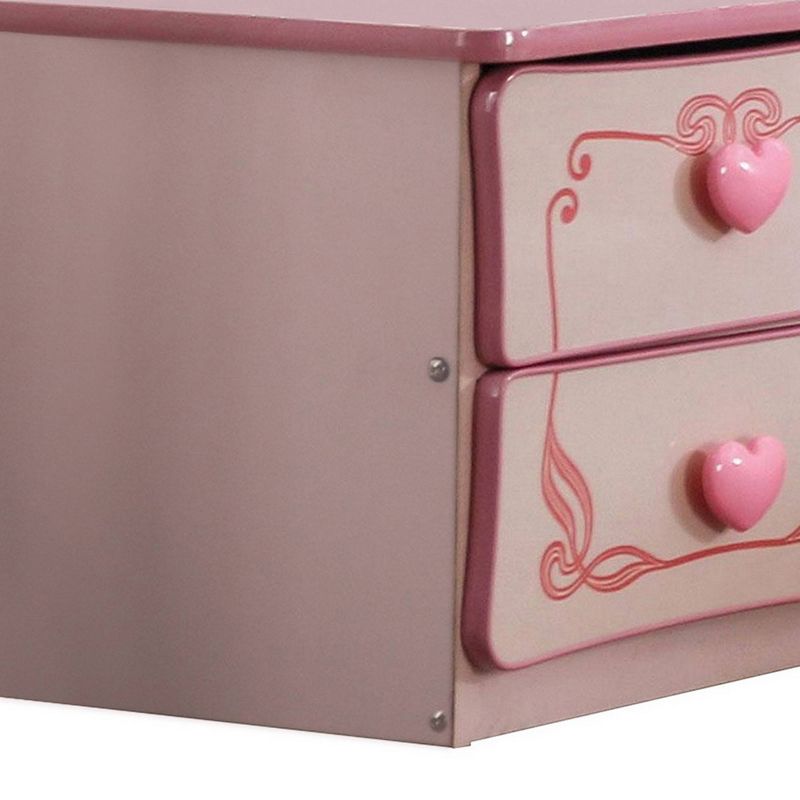 2 Drawer Wooden Nightstand with Heart Knob Pulls Pink - Benzara