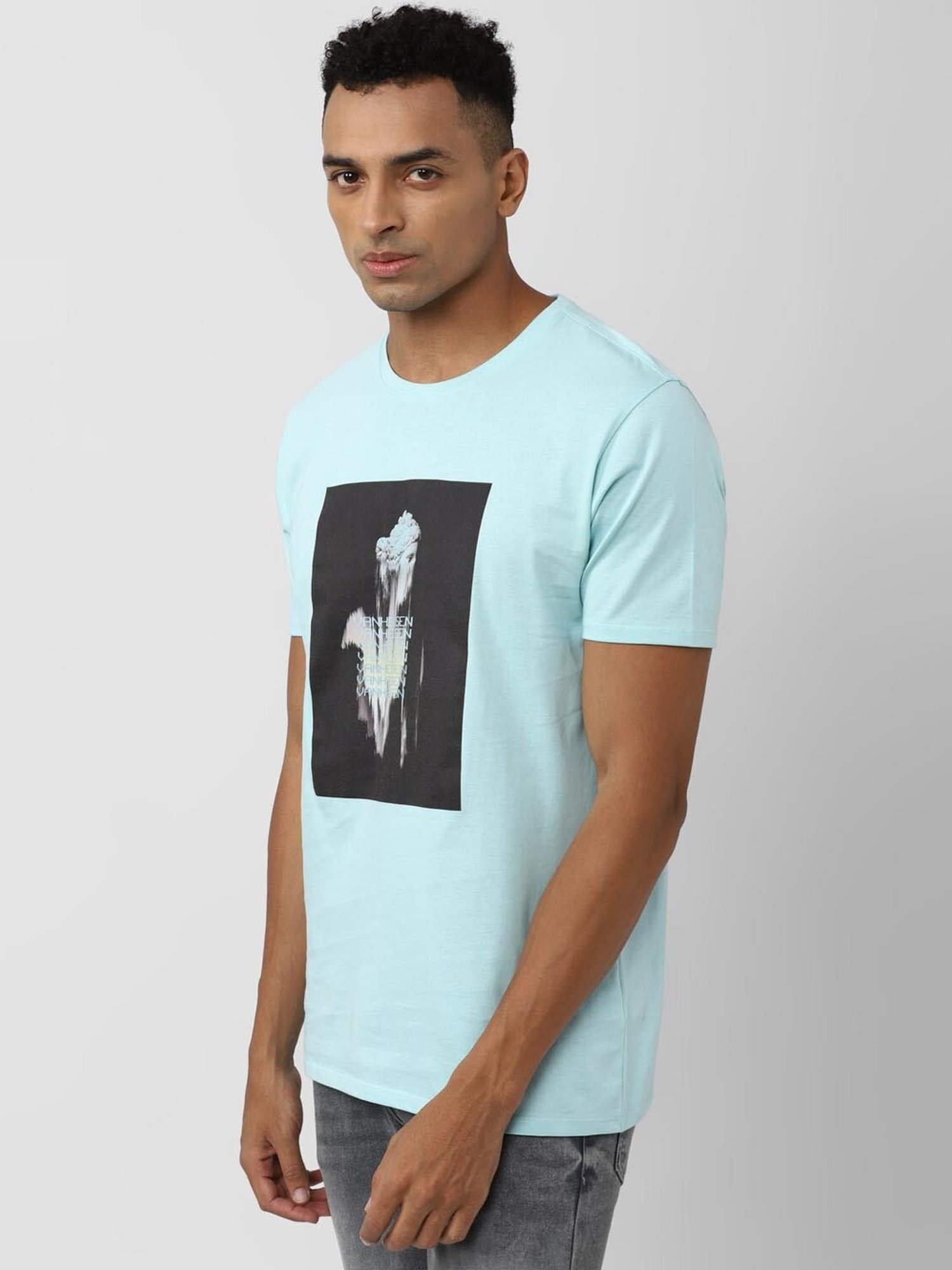 V Dot Blue Cotton Slim Fit Printed T-Shirt