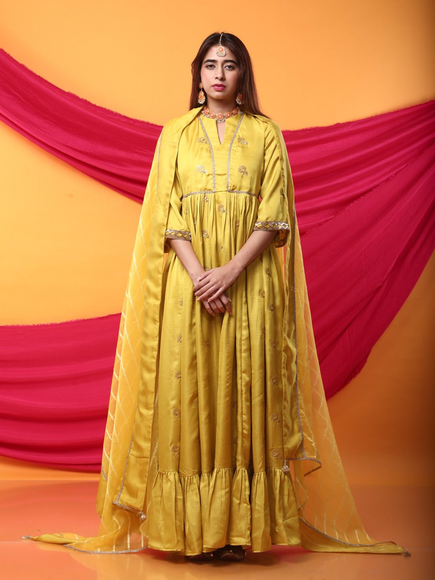 Monk & Mei Zunera Long Anarkali Kurta with Dupatta Set-Canary Yellow