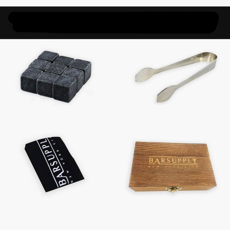 Bar Supply Whiskey Stones Gift Set, 12-Piece Set: 9 Granite Chilling Whiskey Rocks, Stainless Steel Tongs, Velvet Pouch, Wooden Gift Box Set, Reusable Ice Cubes for Whiskey, Scotch, Wine