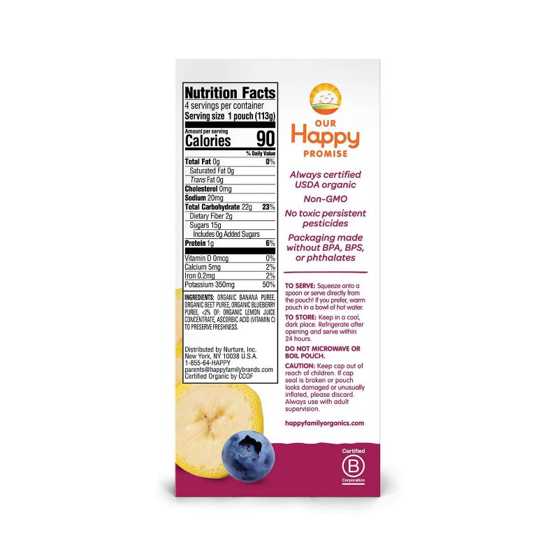 HappyBaby 4pk Organic Bananas Beets & Blueberries Baby Food Pouch - 16oz