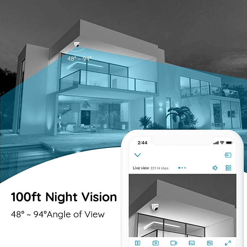 5MP PoE Turret Security Camera Super HD 3X Optical Zoom IP66 Waterproof with Builtin Micro SD Card Slot Outdoor Indoor Camera Ceiling Mount 100ft IR Night Vision AudioCan not Pan RLC522