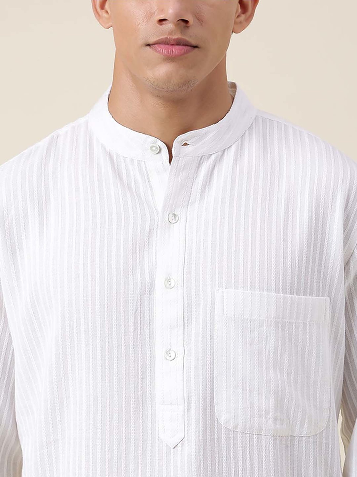 Fabindia White Cotton Regular Fit Striped Kurta