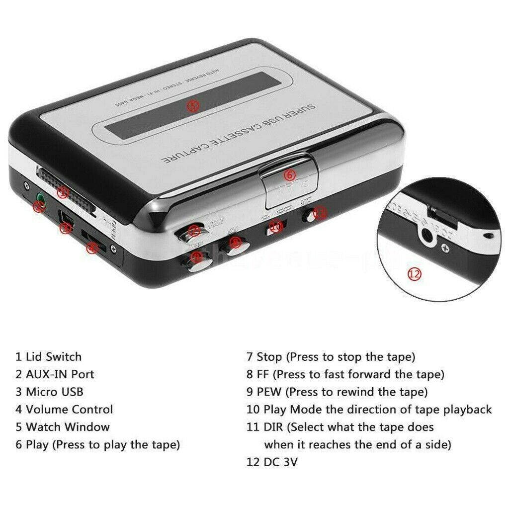 Cassette Player Tape to MP3 Converter USB Cassette Tape Capture Portable Audio Tape Player
