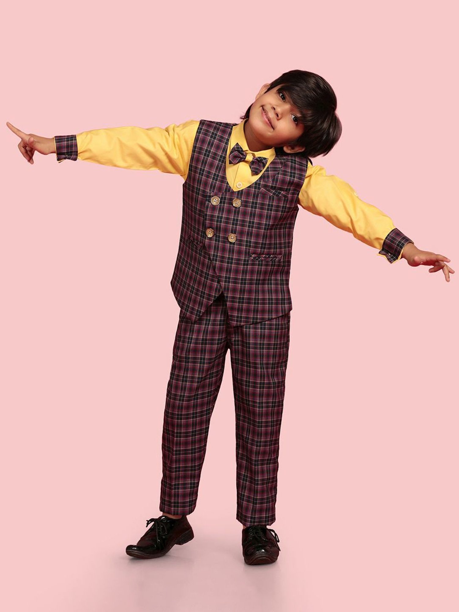 AJ Dezines Kids Purple & Yellow Chequered Full Sleeves Shirt Set