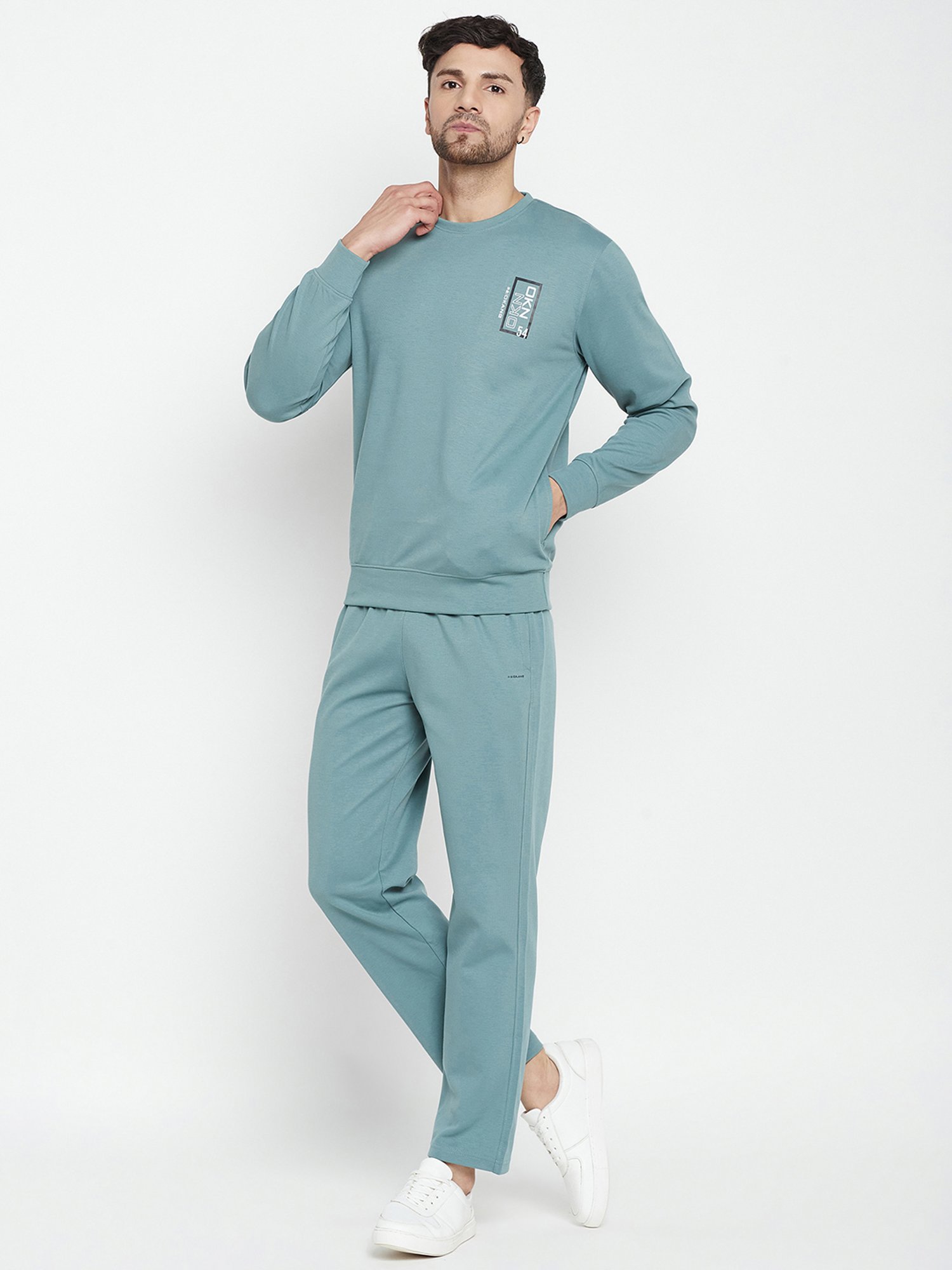 Okane Dusty Green Regular Fit Printed Sweatshirt & Trackpants Set