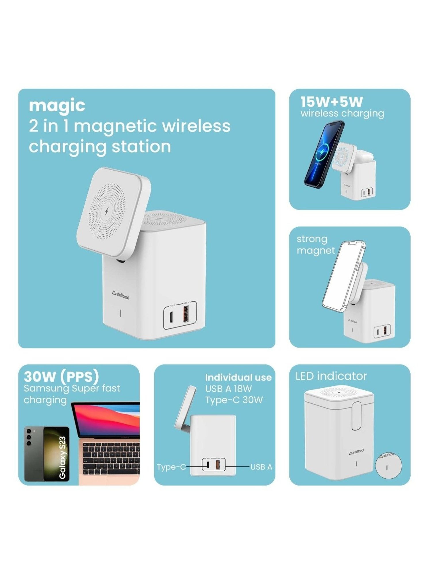 Stuffcool Magic 2 in 1 Magnetic Wireless Charging Station with 30W Dual Port PD PPS Output (White)
