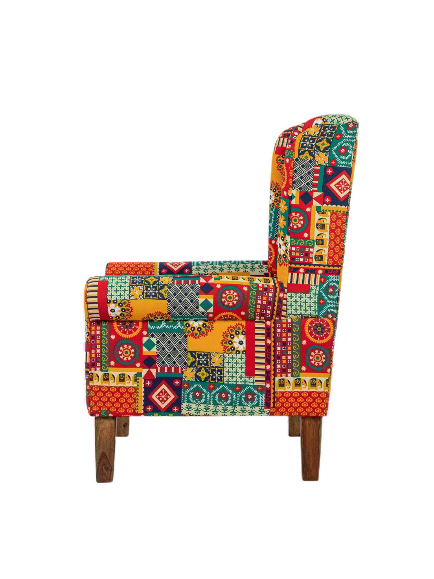 Chumbak Swirls Printed Red Sheesham Wood Begum Wing Chair