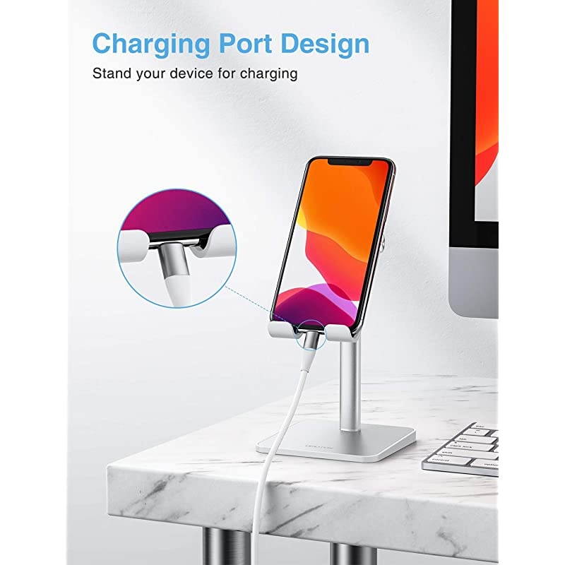 Cell Phone Holder for Desk  Cell Phone Stand Dock Adjustable Angle 545&deg; for Office Kitchen Movies Compatible with iPhone 1111 ProXs MaxSe2 and All Smartphones 3570 Inch Silver