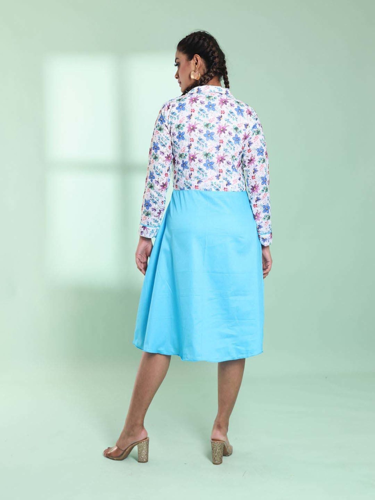 CHARUKRITI Sky Blue & White Cotton Printed A-Line Dress