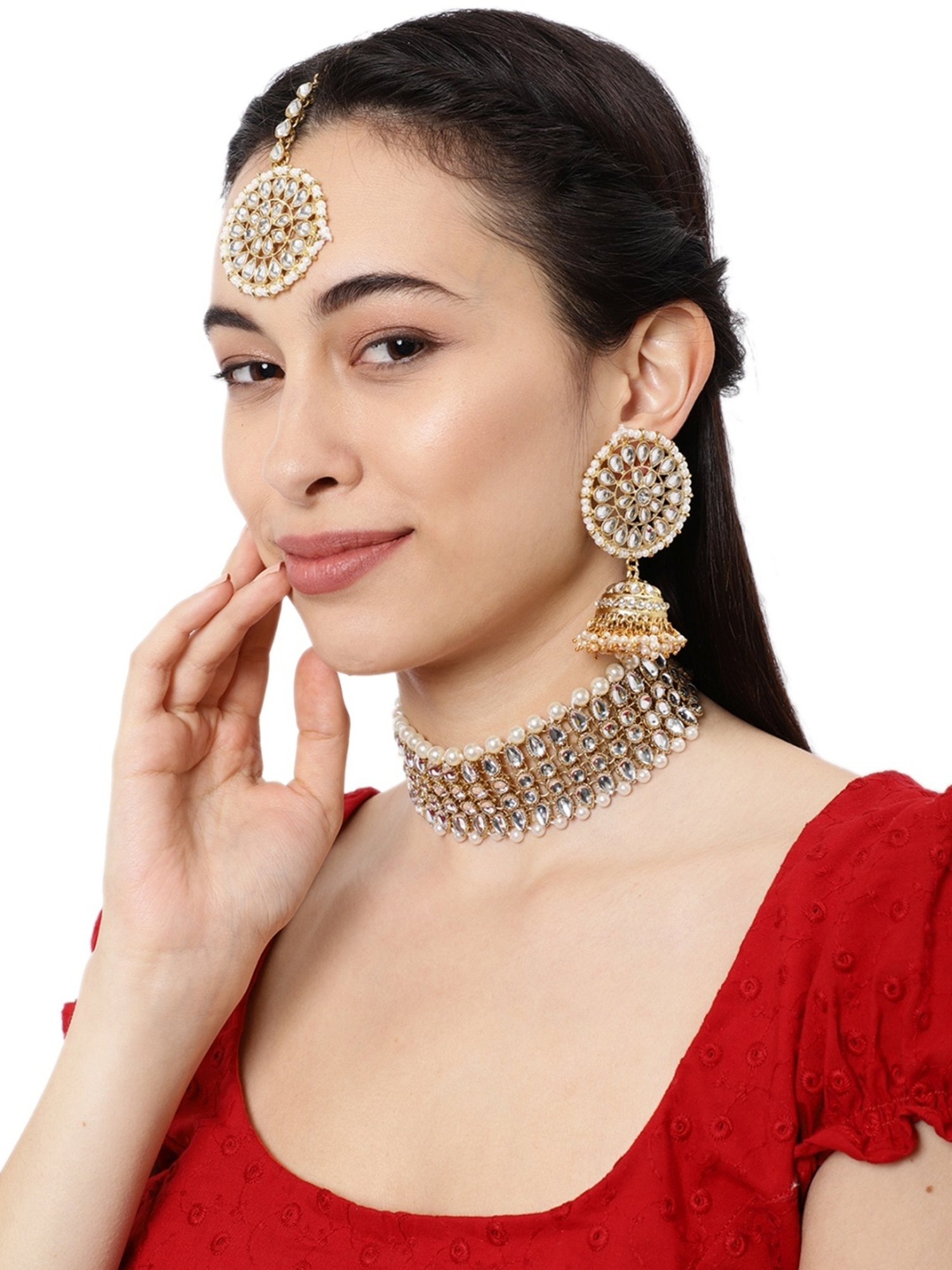 Zaveri Pearls Clear & Pearl White Alloy Necklace Set