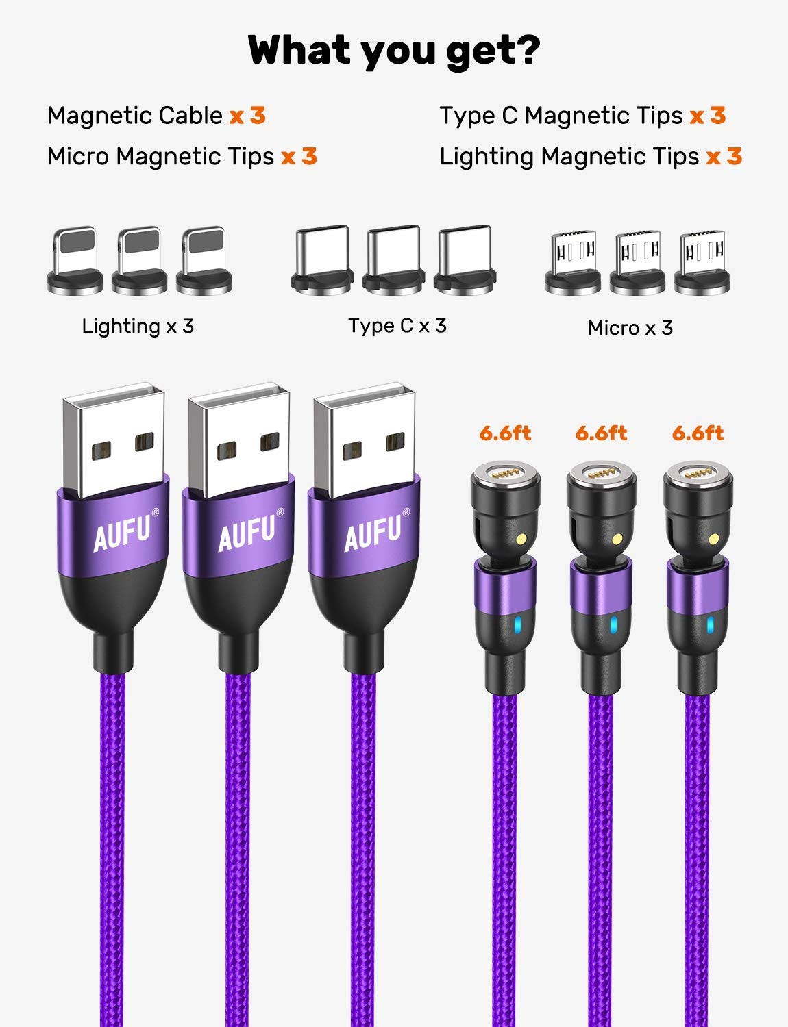 540 Degree Magnetic Charging Cable (3Pack-6.6ft/6.6ft/6.6ft) AUFU Magnetic Phone Charger USB Magnetic Cable 3A Fast Charging Data Sync Nylon Braided USB Cord Cable for Micro USB Type C iProduct