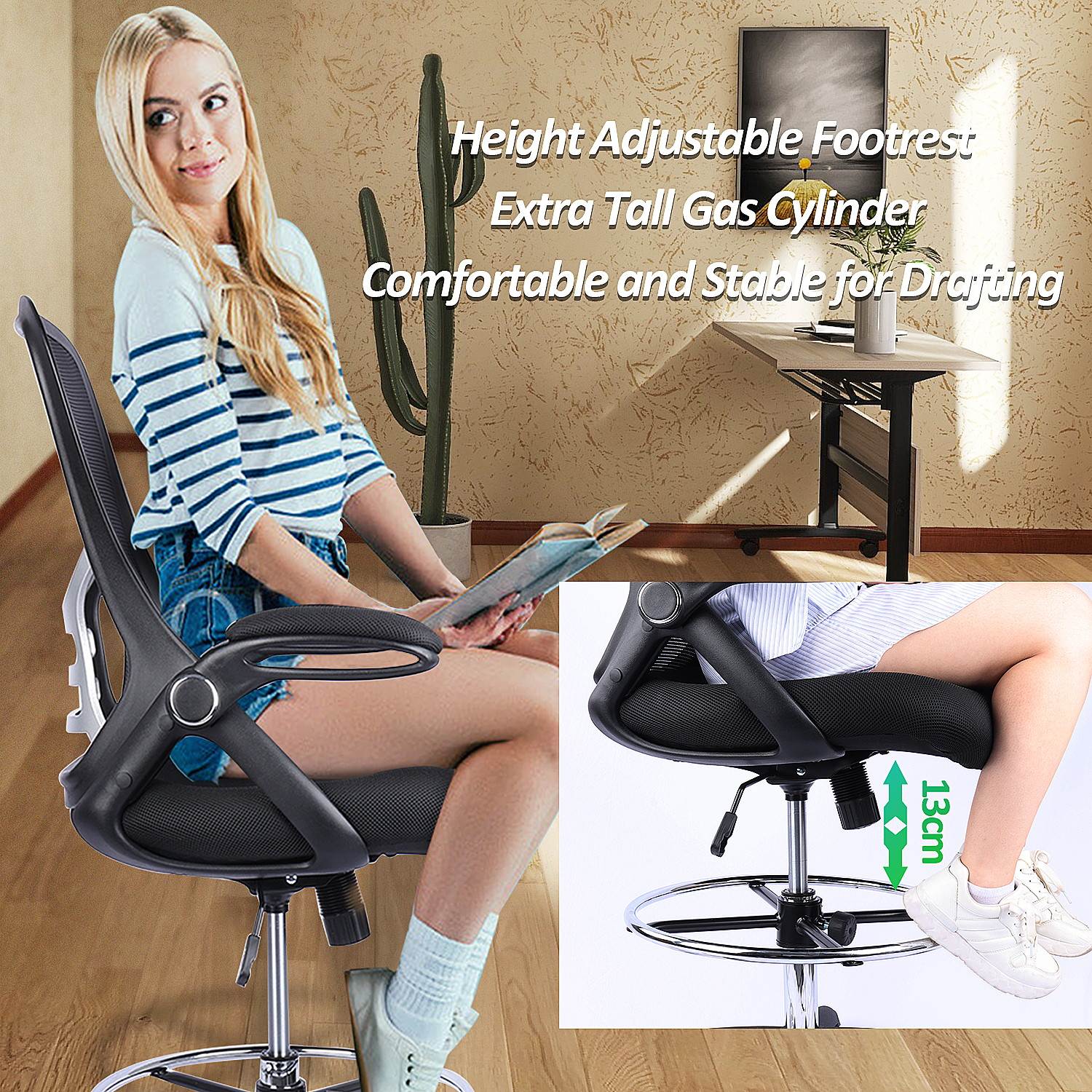High-Back Mesh Ergonomic Drafting Chair Tall Office Chair Standing Desk Stool with Adjustable Foot Ring and Flip-Up Arms (Black)
