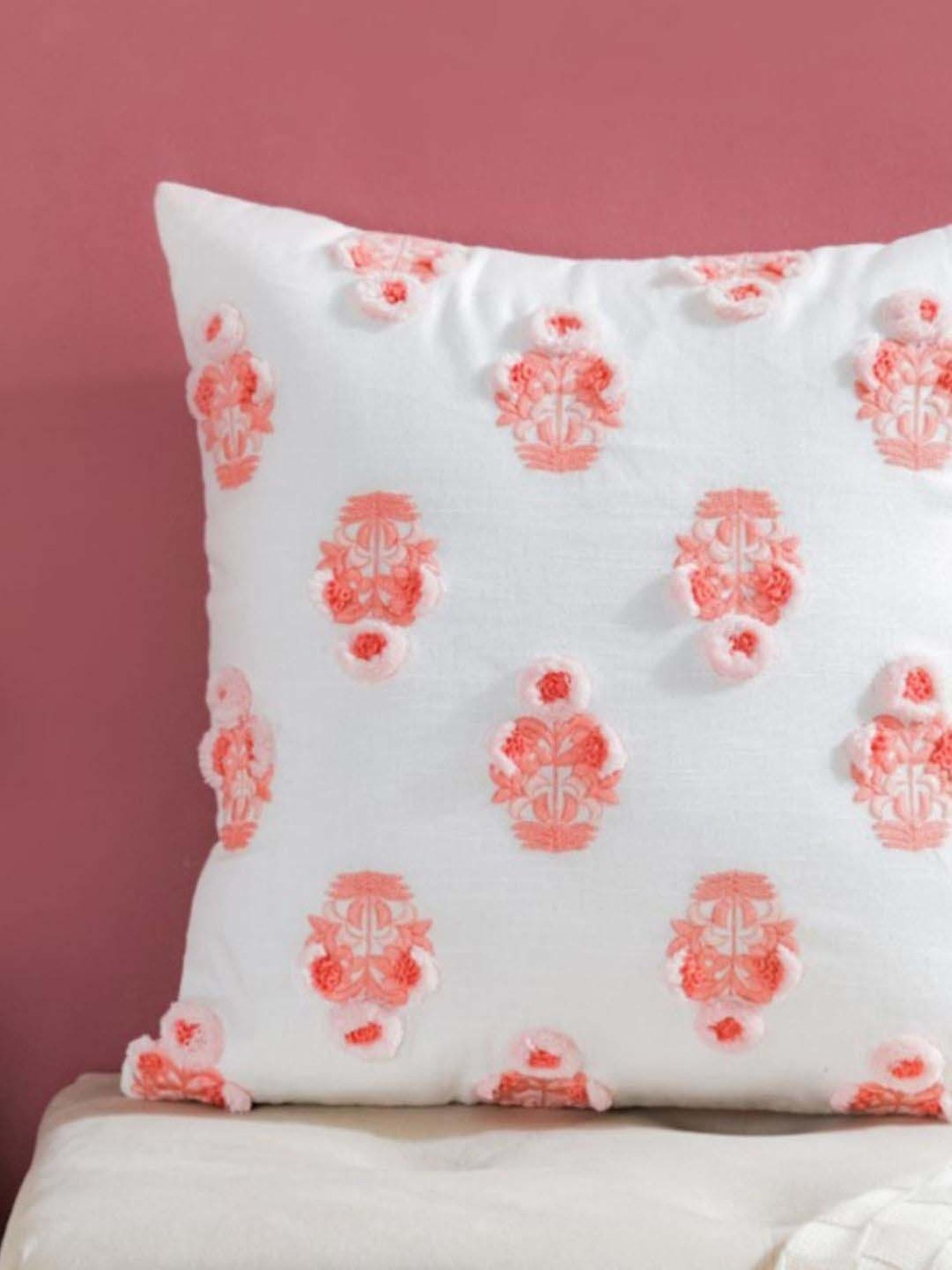 Nestasia Premium Quality Handcrafted & Artisanal Floral Motif Cotton Peach Cushion Cover(16" X 16")