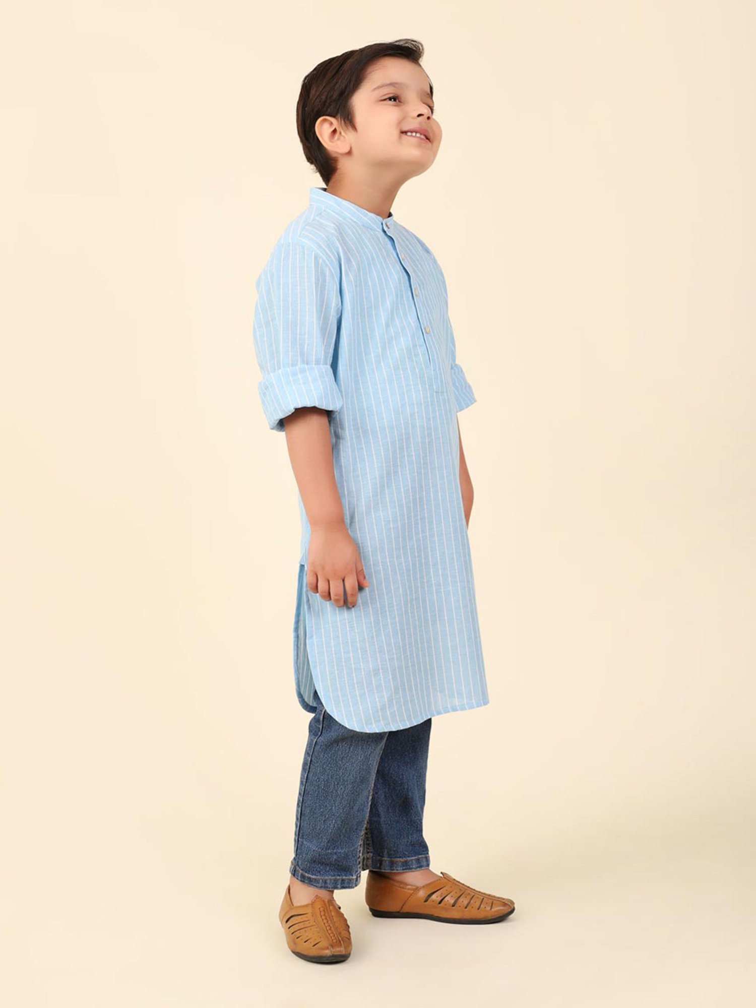 Fabindia Kids Blue Striped Full Sleeves Kurta