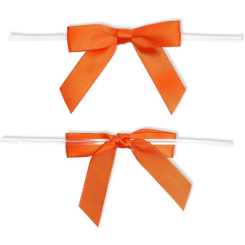 Bright Creations 100-Pack 3" Orange Satin Bow Twist Ties with Clear Twist Ties for Treat Bags and Gift Bags