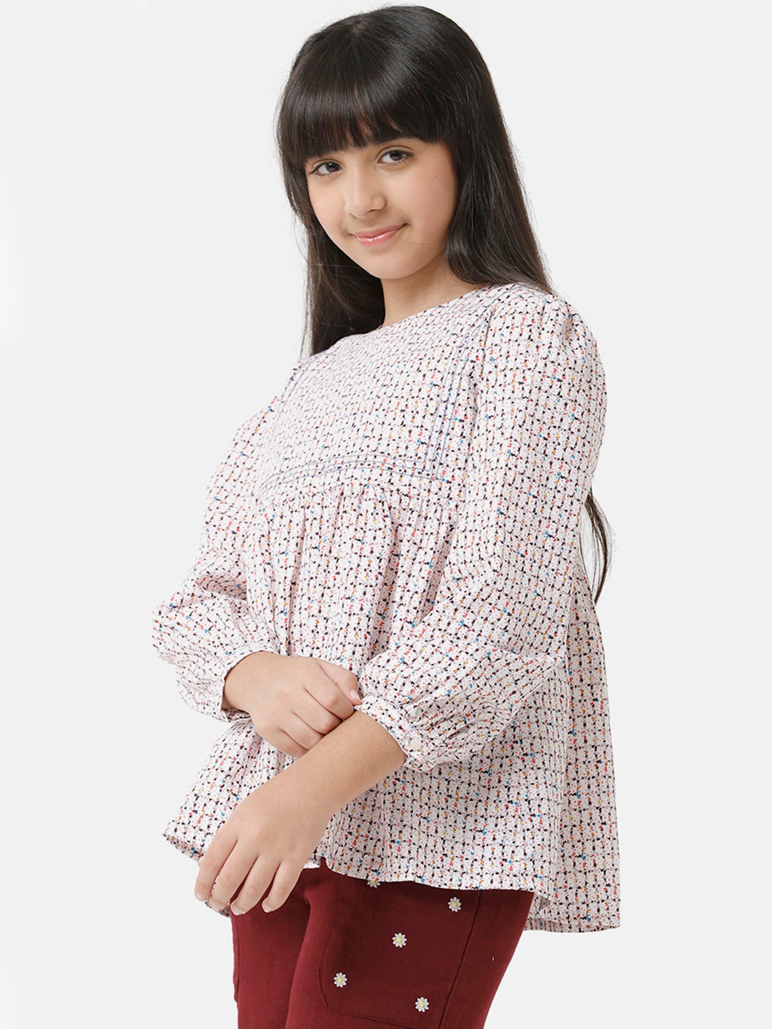 Under Fourteen Only Kids Peach Printed Full Sleeves Top