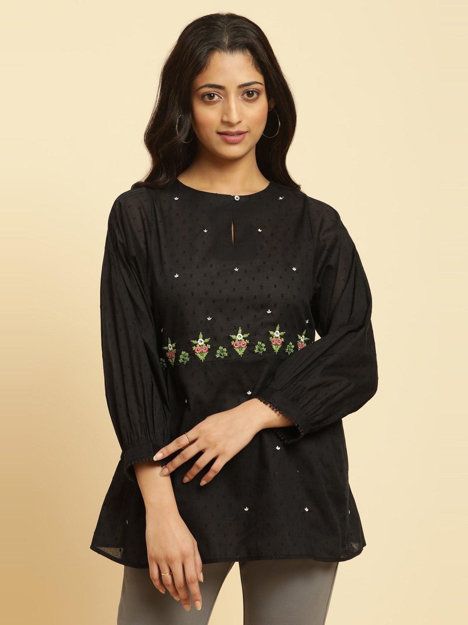 W Black Cotton Embroidered Top