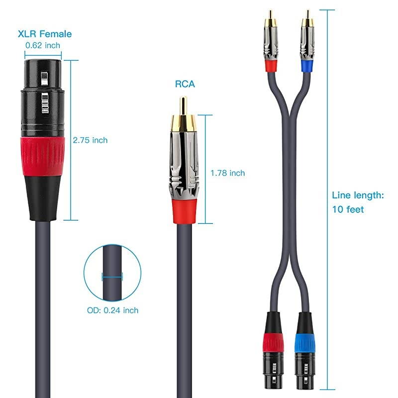 Dual XLR to RCA Cable Dual XLR Female to Dual RCA Male Cable 2 XLR Female to 2 RCA Male HiFi Audio Cable 4N OFC Wire for Amplifier Mixer Microphone 10 Feet