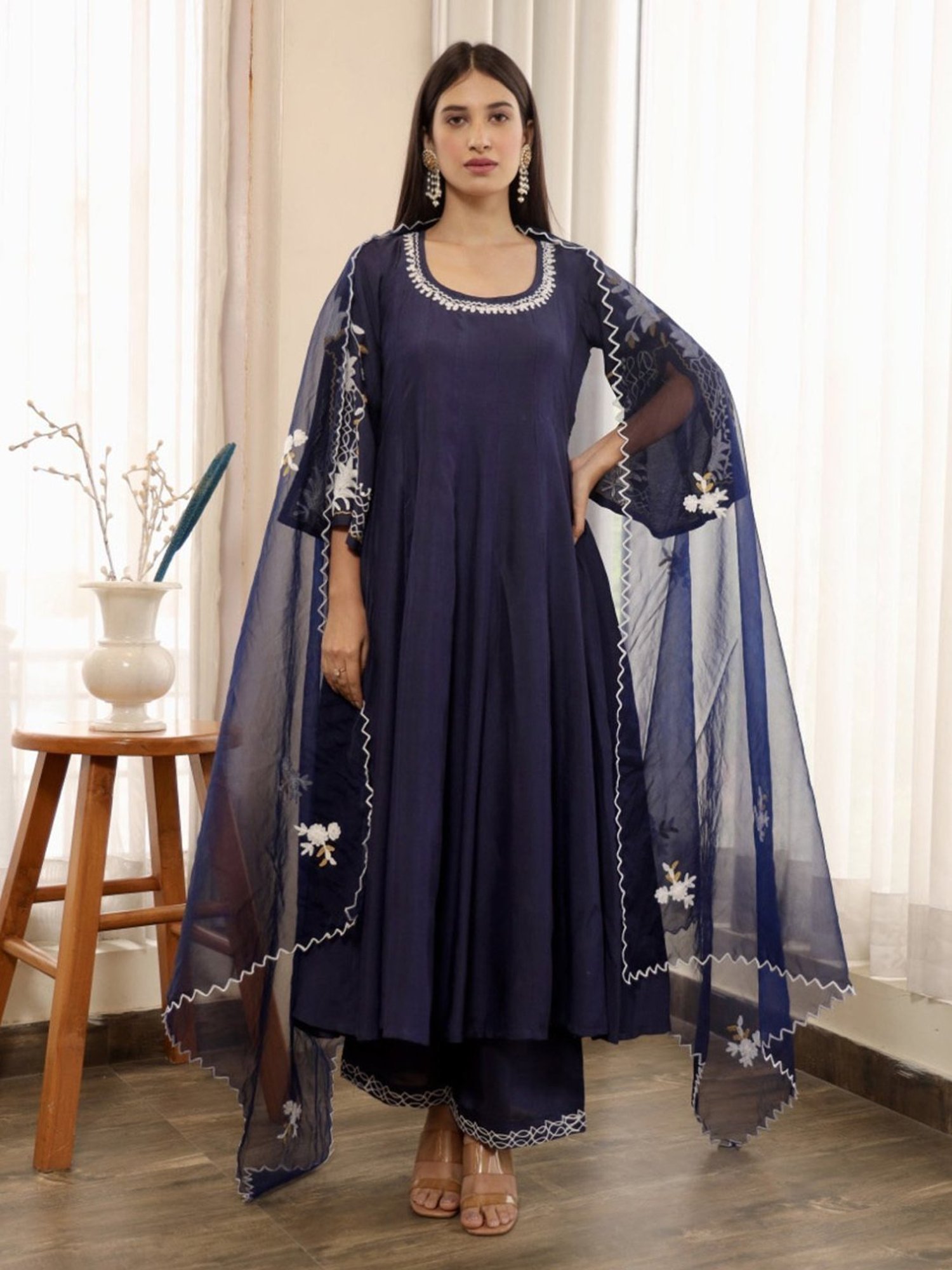 Asrumo Blue Adah Monsoon Aari Embroidered Anarkali Kurta with Pant and Dupatta