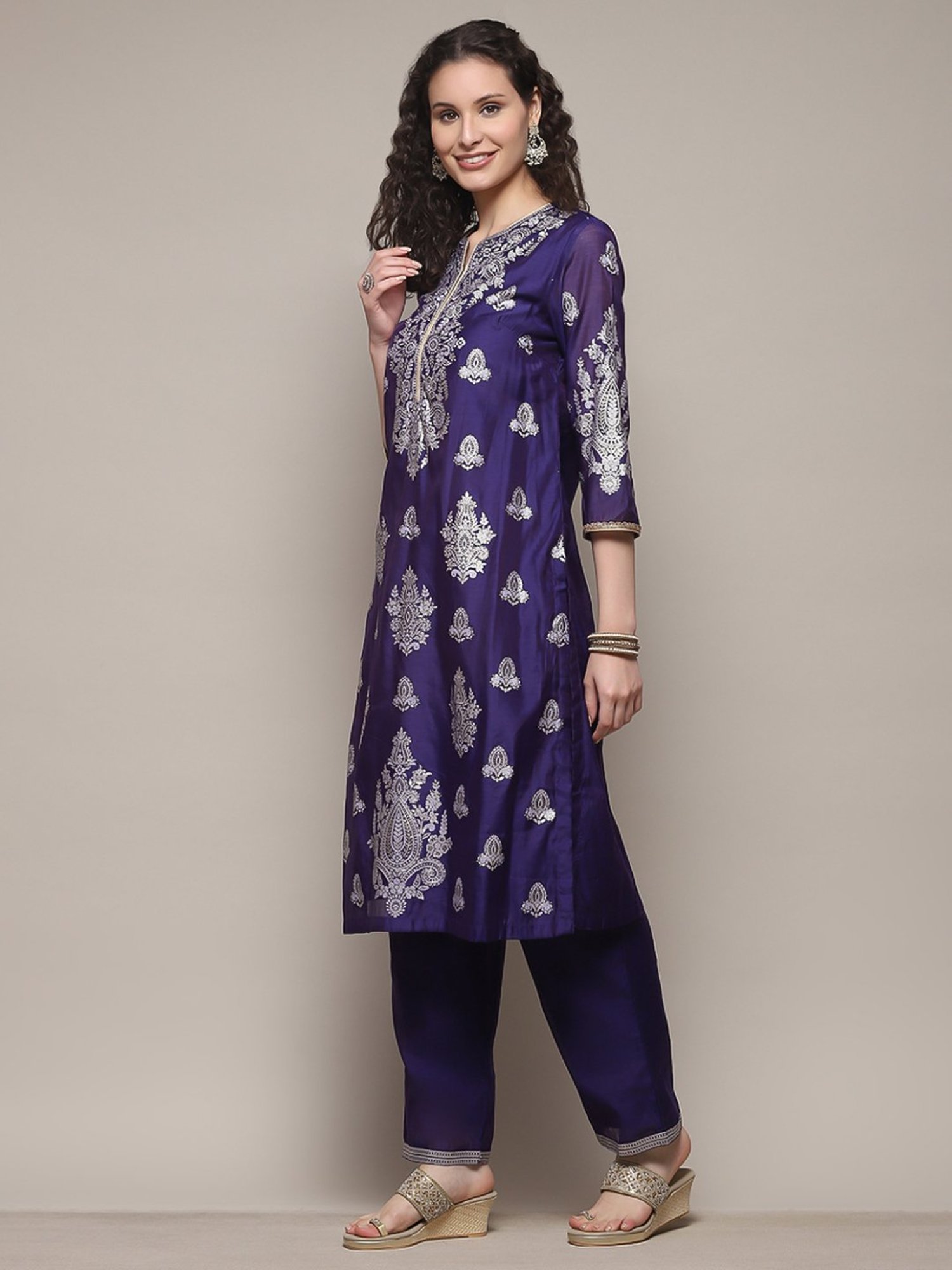 Biba Navy Printed Kurta Pant Set