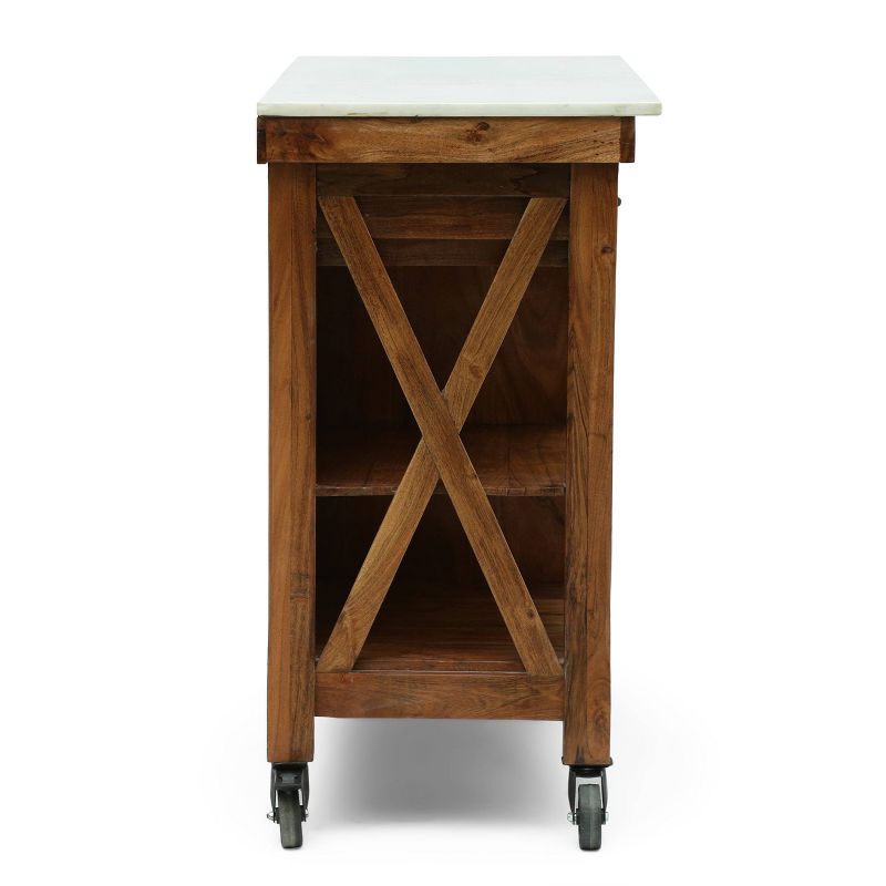 Depolo Rustic Glam Handcrafted Marble Top Acacia Wood Kitchen Cart with Wheels Natural/Natural White - Christopher Knight Home
