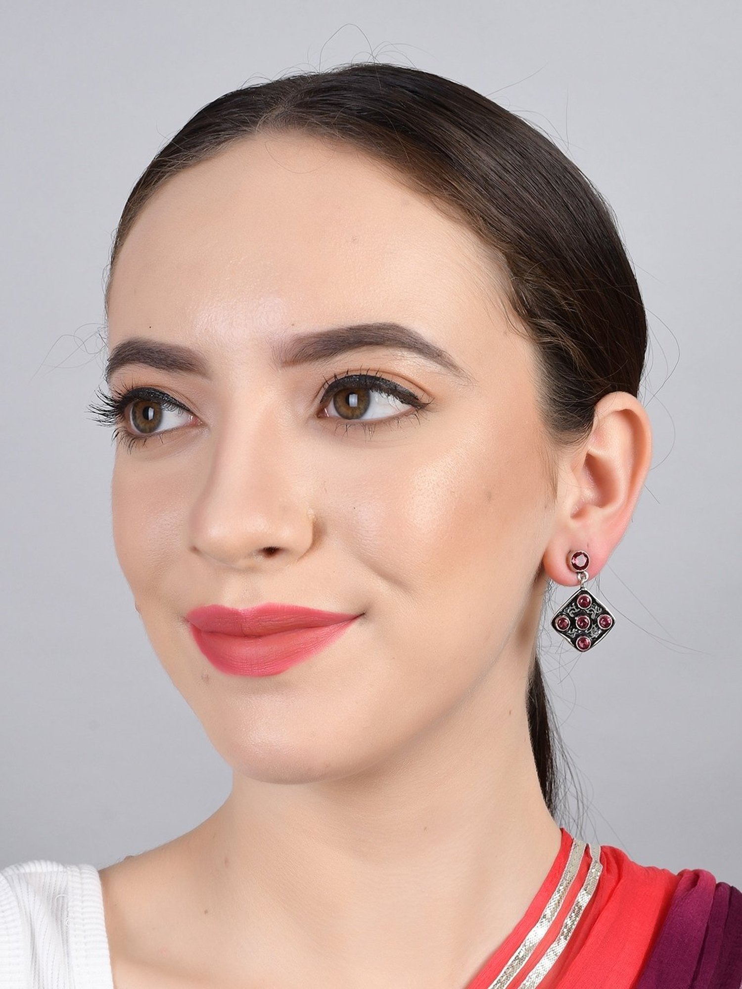 Imli Street Pink Silver Tone Stone-Studded Handcrafted Dangler Earrings