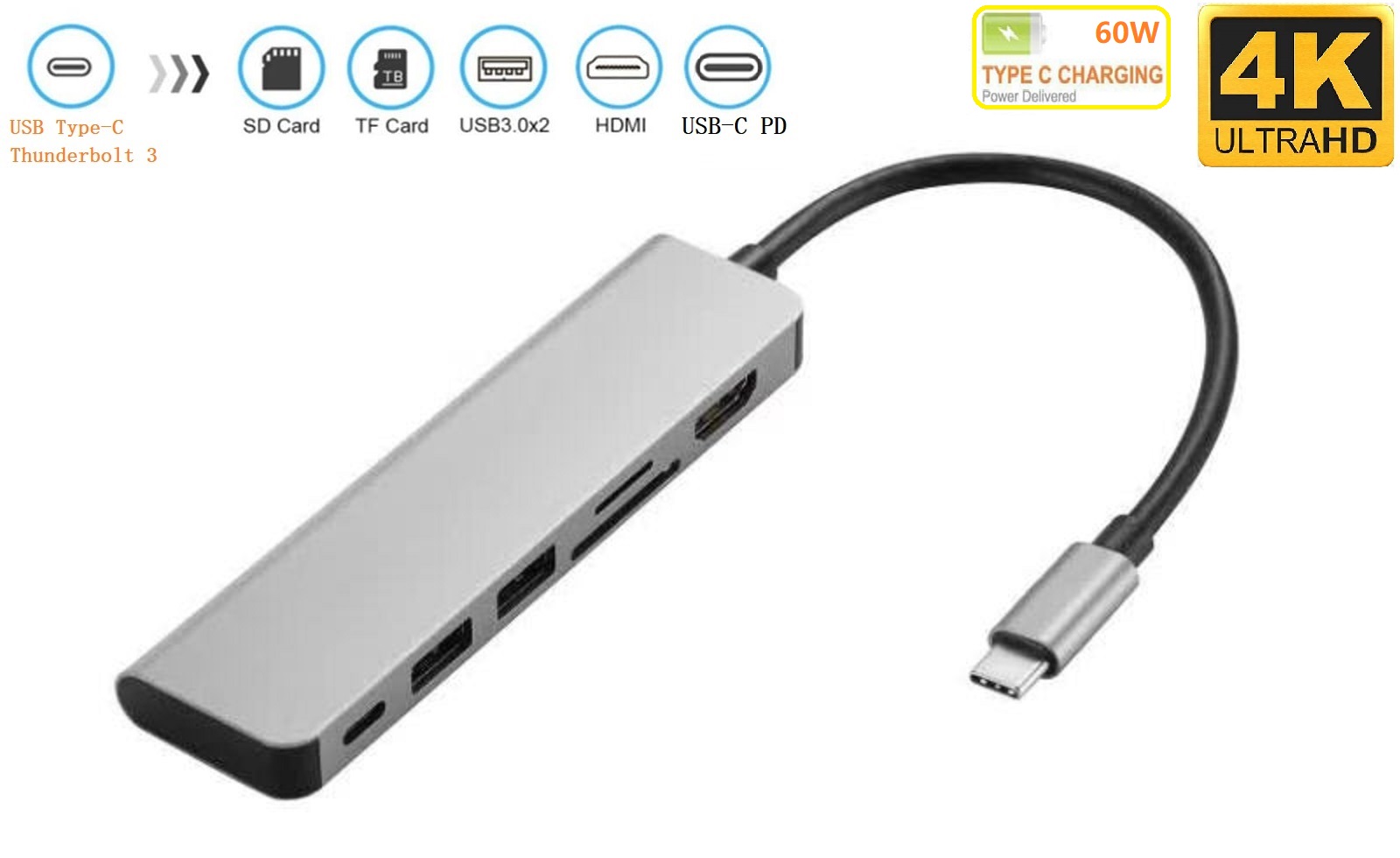 6 in 1 USB C HUB, Type-C to HDMI USB 3.0 SD/TF Card Reader USB-C PD Charger, 4K HDMI, 60W PD Charging, USB Type C Dongle for iPad Pro 2018 / Nintendo Switch / MacBook / Chromebook.