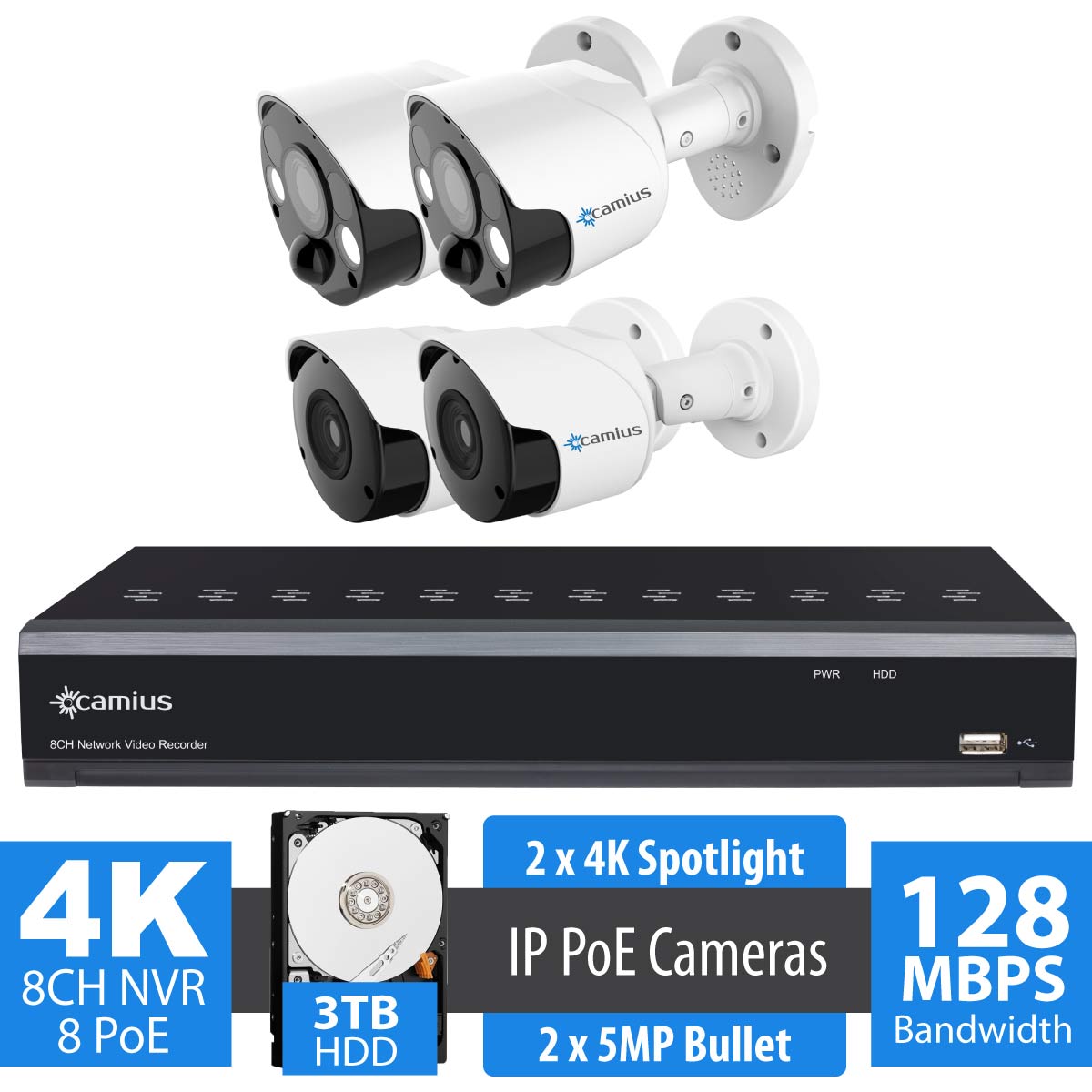 Camius 4K 8 Channel NVR Security System with 3TB HDD, Two 4K PoE Spotlight Cameras (2-way audio, siren), 2 pcs 5MP PoE Bullet IP Cameras (Built-in microphone), color night vision 8P2S82B3TS