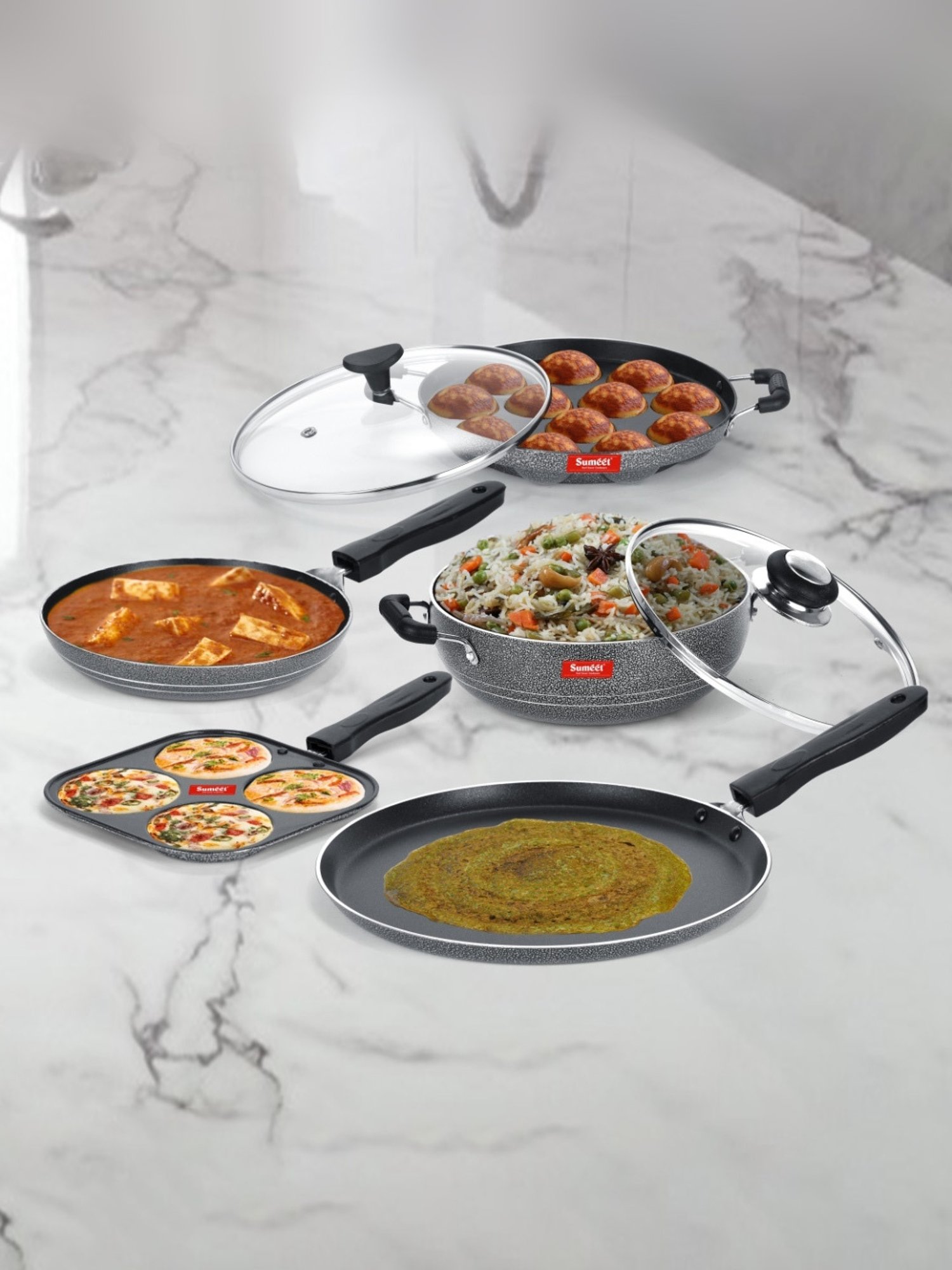 Sumeet NonStick Cookware Set-Dosa Tawa+Snack Maker+Kadhai &GlassLid+Appam Patra &GlassLid+Tapper pan
