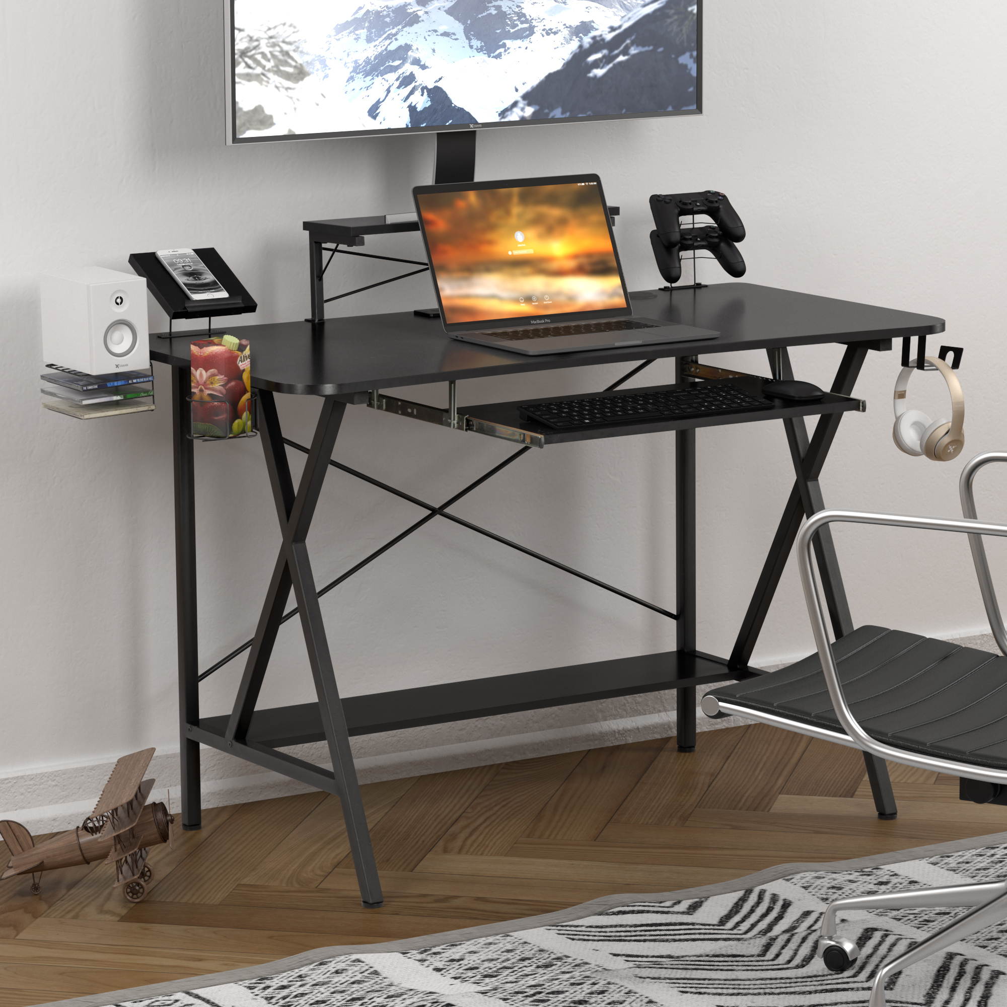 47" Gaming Desk Table E-Sports Computer Desk Gaming Workstation Desk, PC Stand Shelf Keyboard stand Power Strip with USB Cup Holder & Headphone Hook Home Office Desk Gamer Desk Writing Table