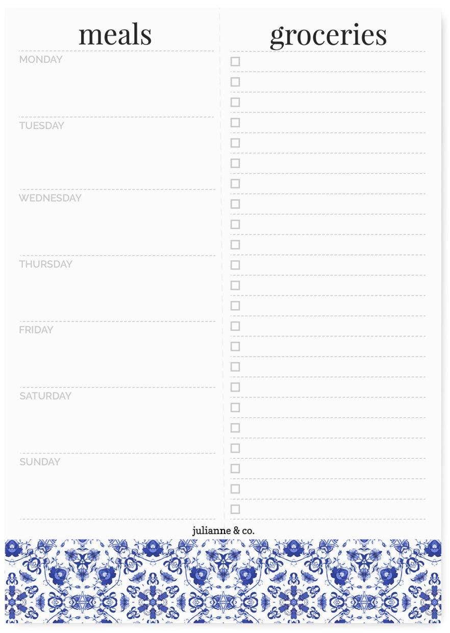 Weekly Meal Planner Notepad By Julianne & Co. - Food Planning Organizer And Grocery List Pad, 52 Premium A5 Pages, with Tear Away Perforated Shopping List (Blue China Print - NO Fridge Magnet)