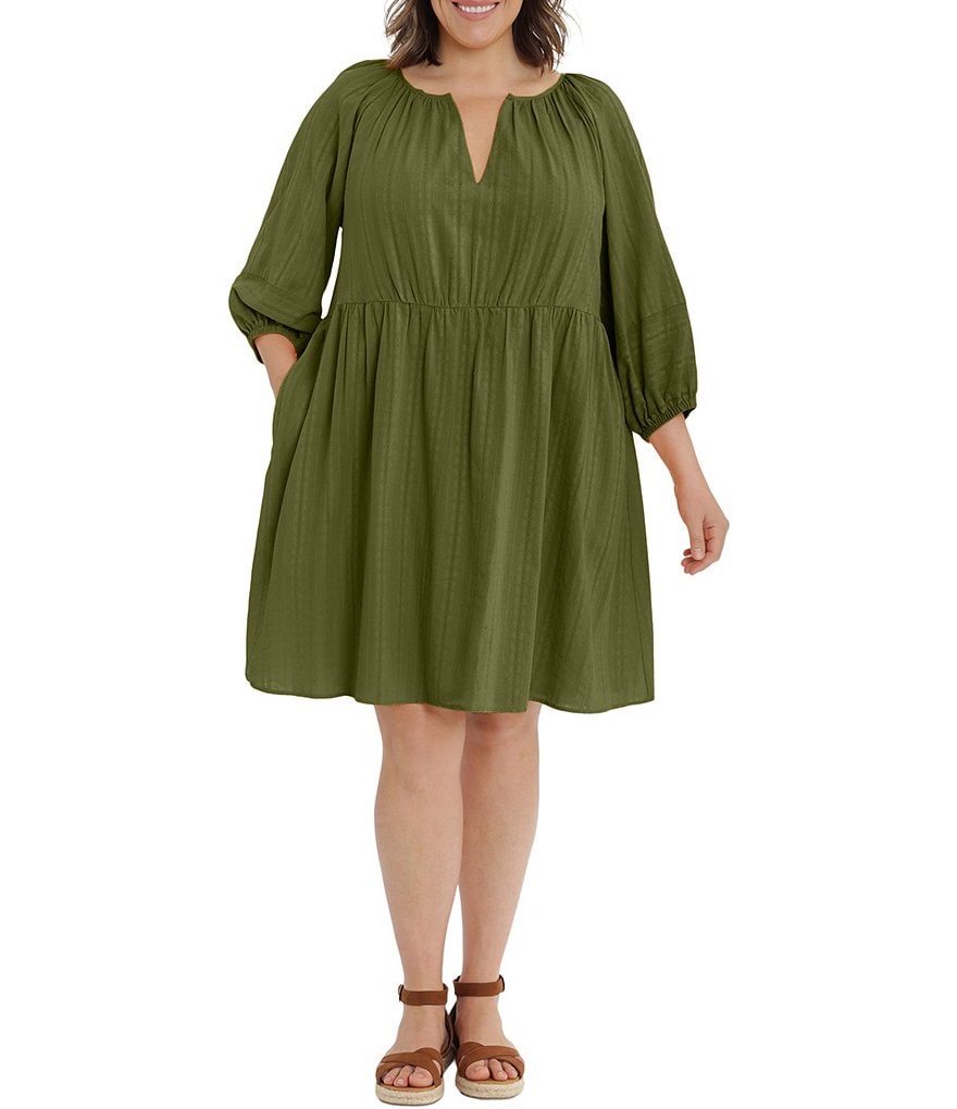 London Times Plus Size Split Neck Blouson Dress