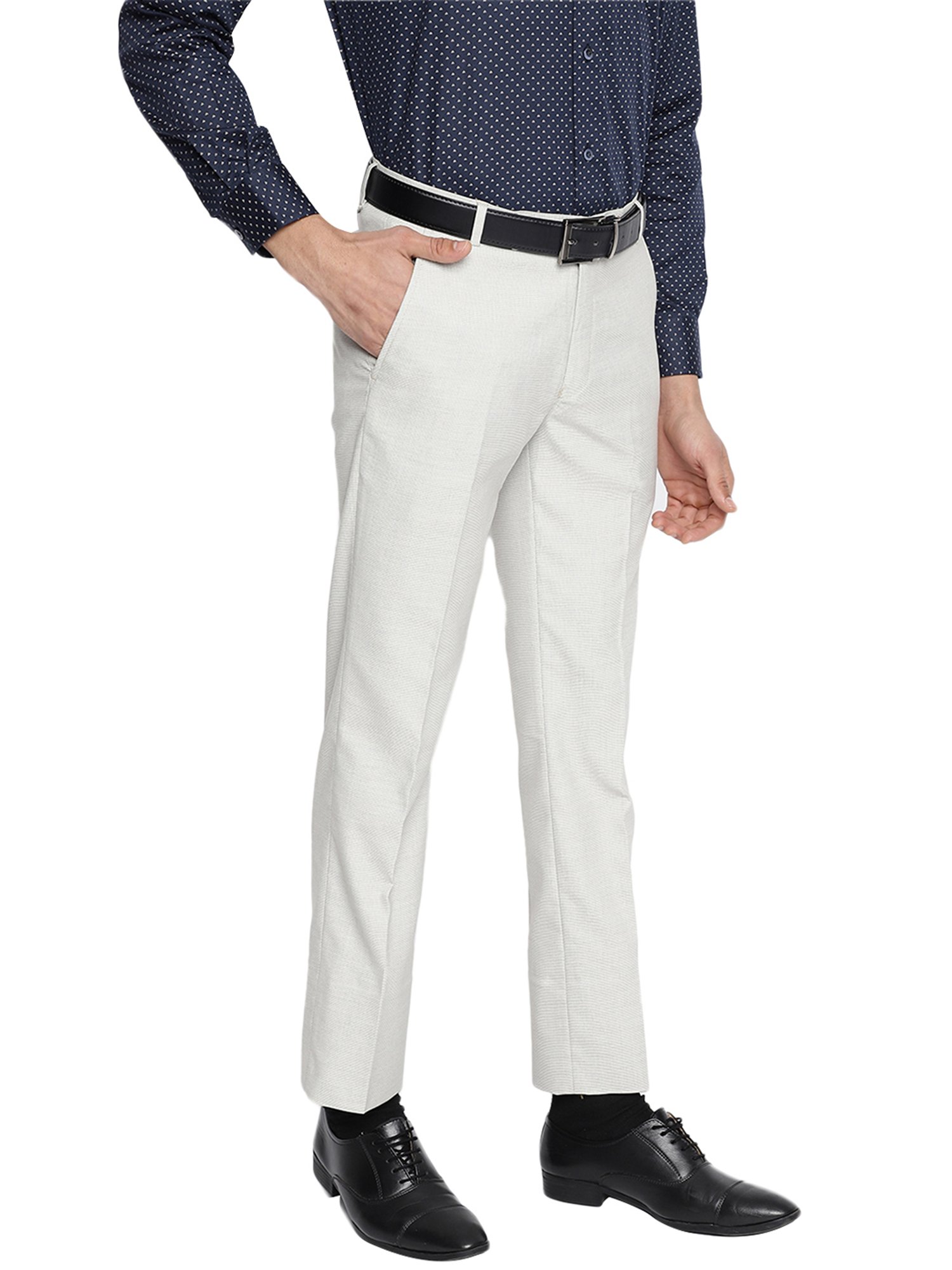 Cantabil Light Beige Regular Fit Printed Flat Front Trousers