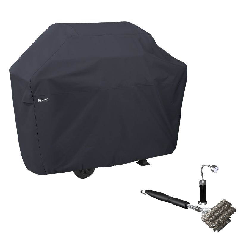 Classic Accessories 55-306-BRUSH-EC BBQ Grill Cover with Coiled Grill Brush & Magnetic LED Light, Black - Medium