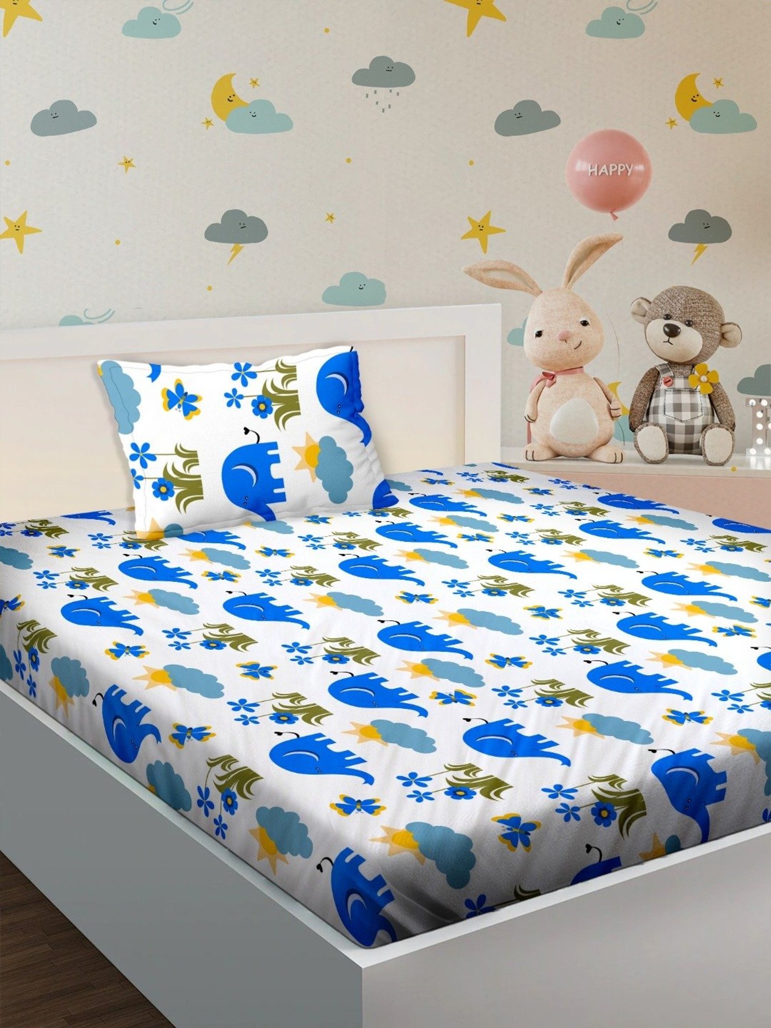 BELLA CASA Kidz Kindom Printed Multicolor 180 TC Cotton Single Bedsheet with 1 Pillow Cover