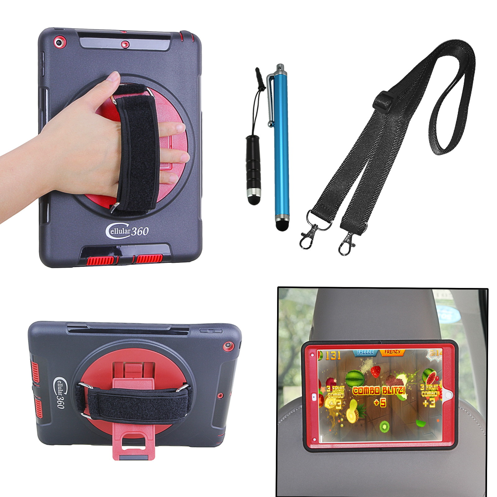 Cellular360 Apple iPad 9.7 2017 2018, iPad 5th Gen., iPad 6th Gen. Shockproof Case with 360 Degrees Rotatable Kickstand, Adjustable Handle and Shoulder Strap