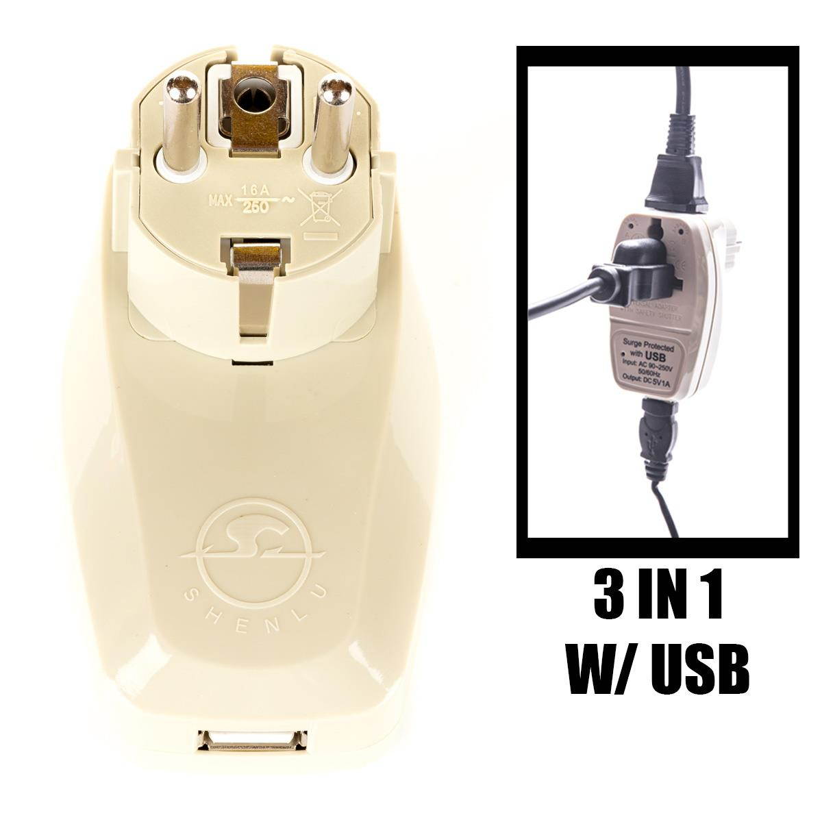 OREI 3 in 1 Schuko Travel Adapter Plug with USB and Surge Protection - Grounded Type E/F - Germany, France & More