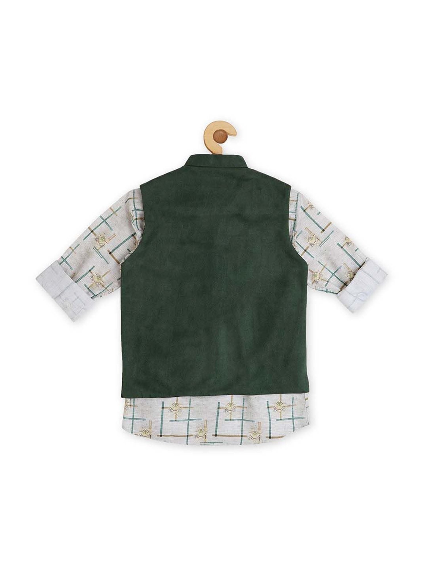 Cavio Kids Green & Off-White Cotton Regular Fit Shirt Set