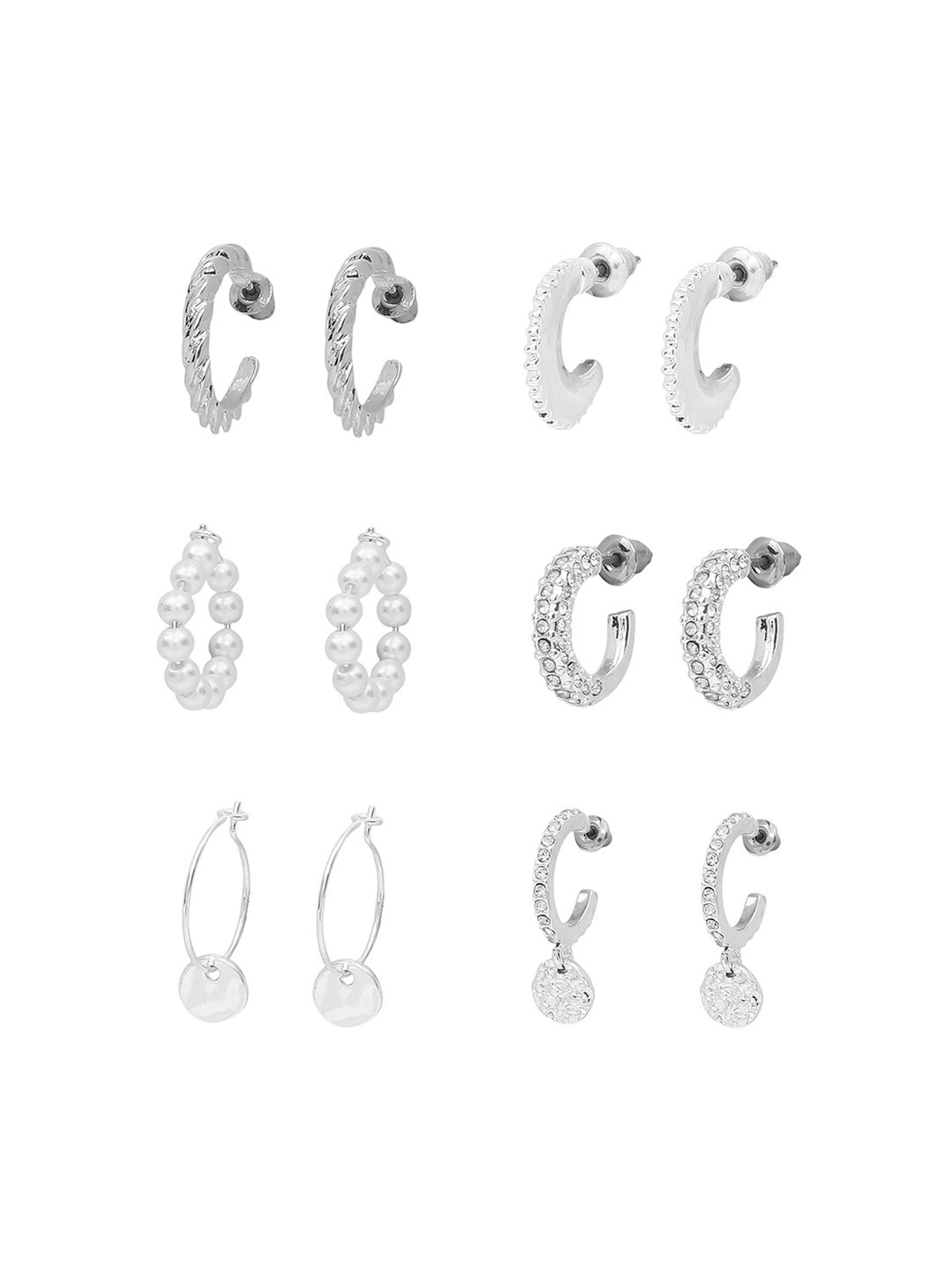 Lilly & Sparkle Silver-Toned Pearl and Crystal Studded Hoop Earrings - Set of 6