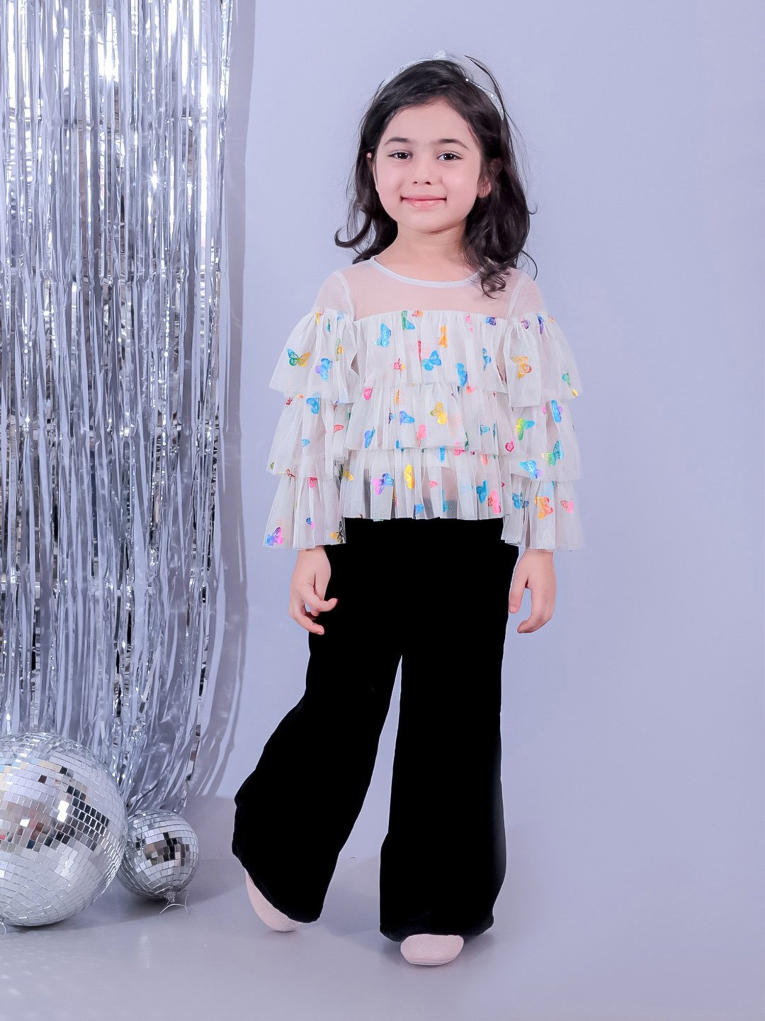 Lil Drama Girls White Printed Full Sleeves Top